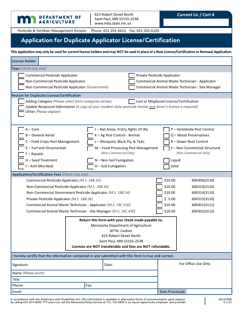 Form AG-02468 Application for Duplicate Applicator License/Certification - Minnesota