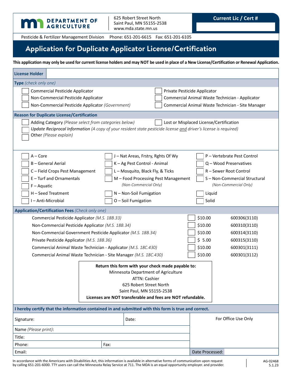 Form AG-02468 Application for Duplicate Applicator License / Certification - Minnesota, Page 1