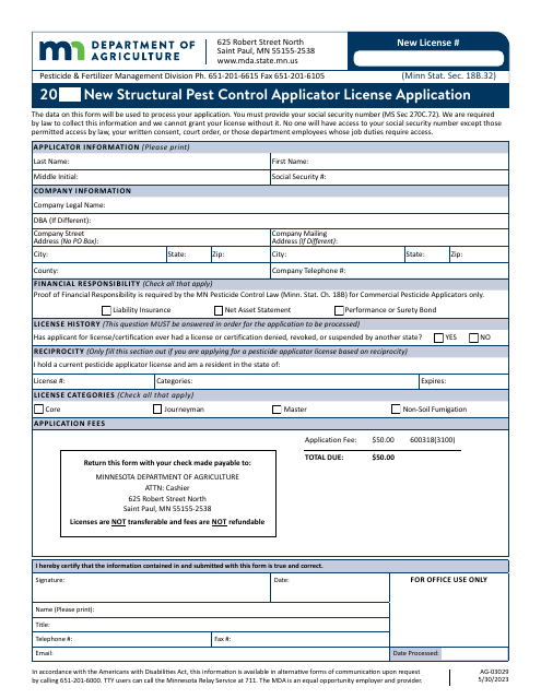 Form AG-03029 New Structural Pest Control Applicator License Application - Minnesota