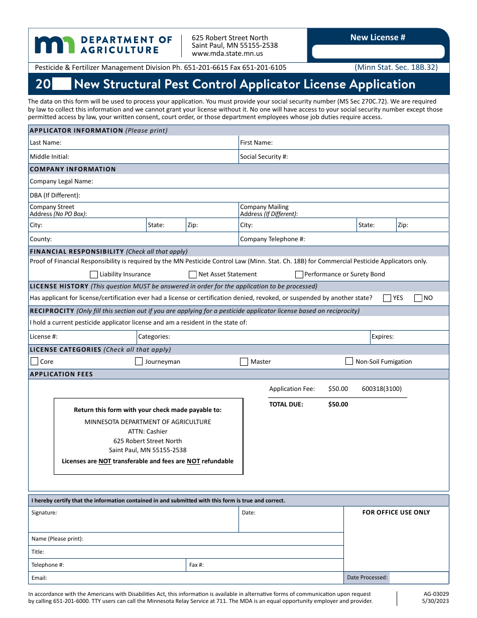 Form AG-03029 New Structural Pest Control Applicator License Application - Minnesota, Page 1