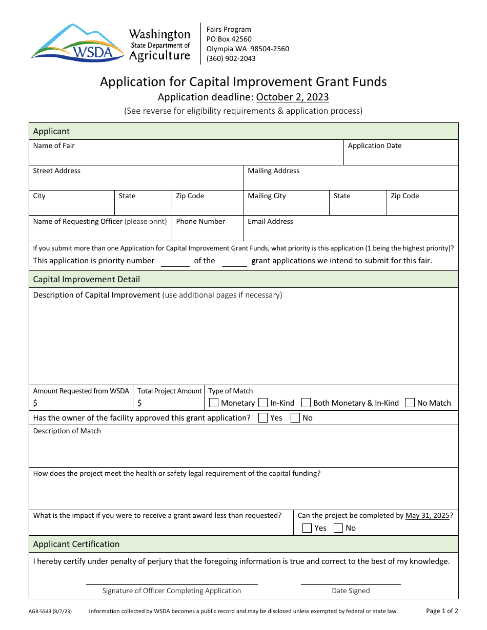 Form AGR-5543 Application for Capital Improvement Grant Funds - Washington, Page 1