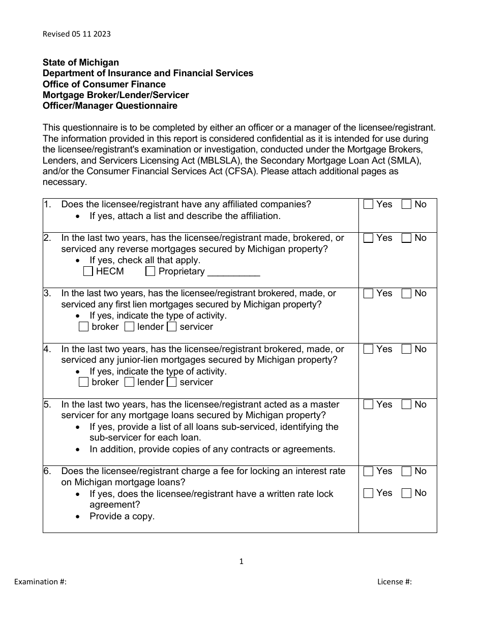Mortgage Broker / Lender / Servicer Officer / Manager Questionnaire - Michigan, Page 1
