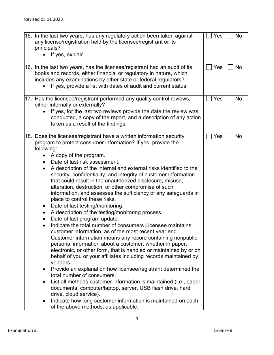 Mortgage Broker / Lender / Servicer Officer / Manager Questionnaire - Michigan, Page 3