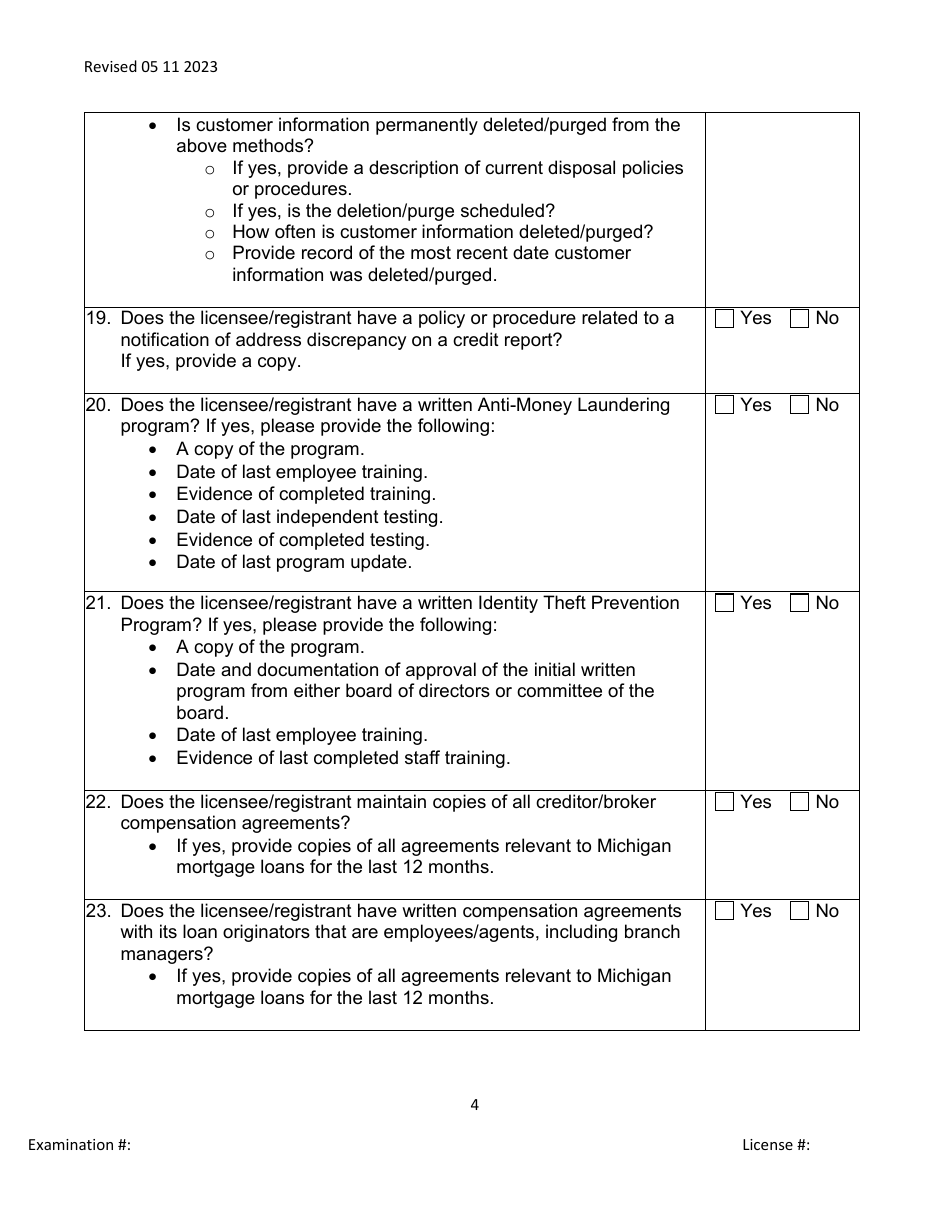 Mortgage Broker / Lender / Servicer Officer / Manager Questionnaire - Michigan, Page 4