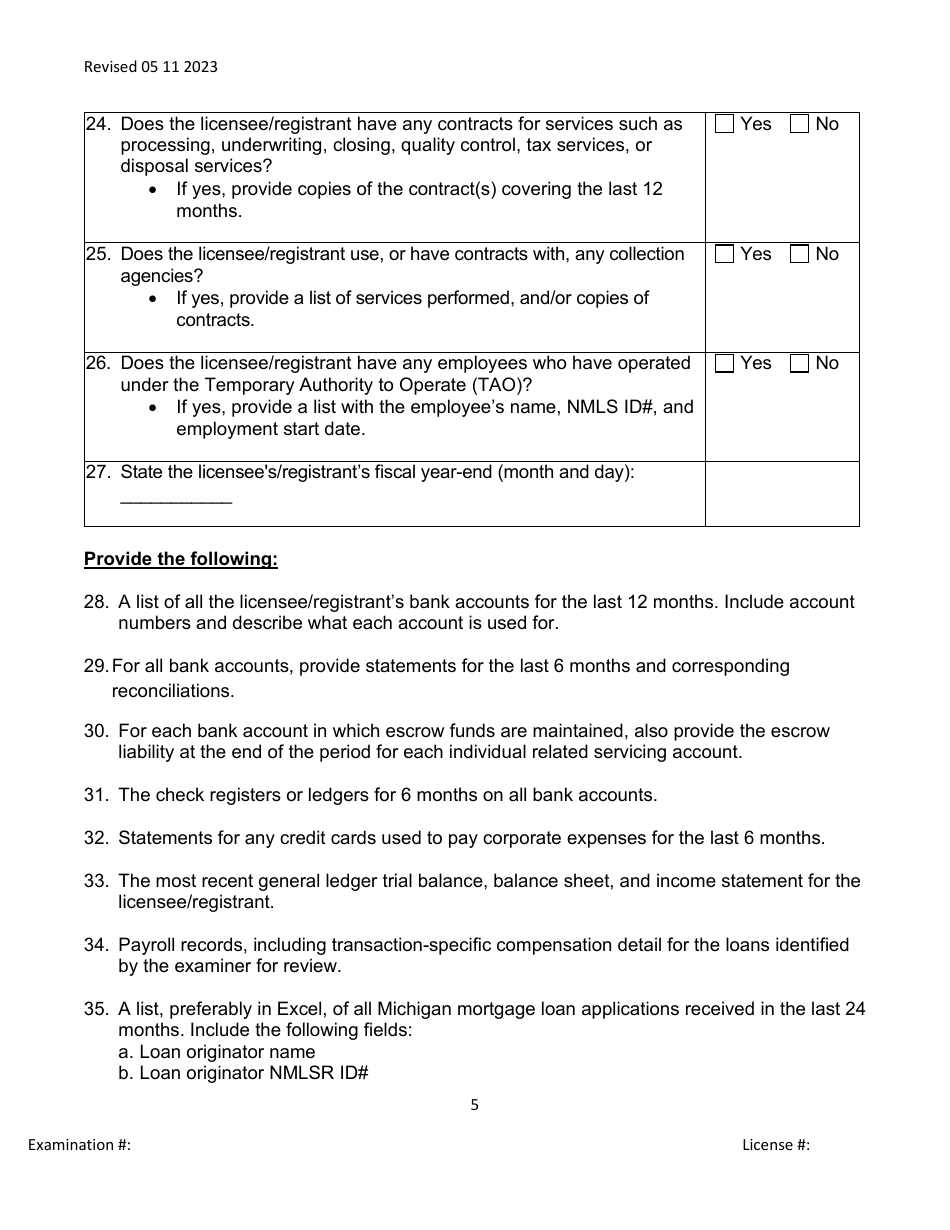 Mortgage Broker / Lender / Servicer Officer / Manager Questionnaire - Michigan, Page 5