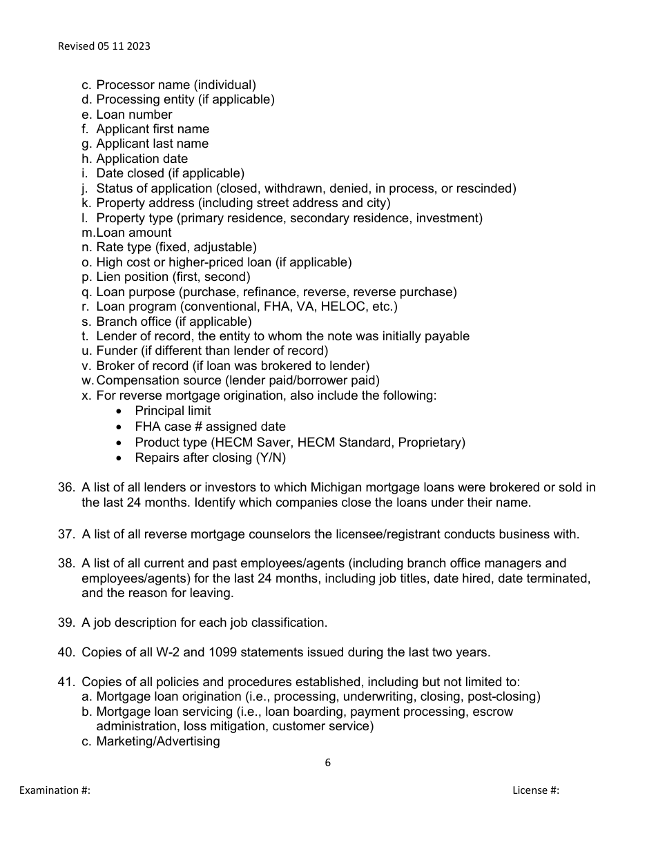 Mortgage Broker / Lender / Servicer Officer / Manager Questionnaire - Michigan, Page 6