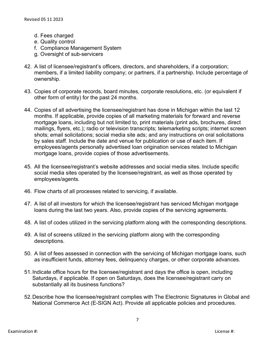 Mortgage Broker / Lender / Servicer Officer / Manager Questionnaire - Michigan, Page 7