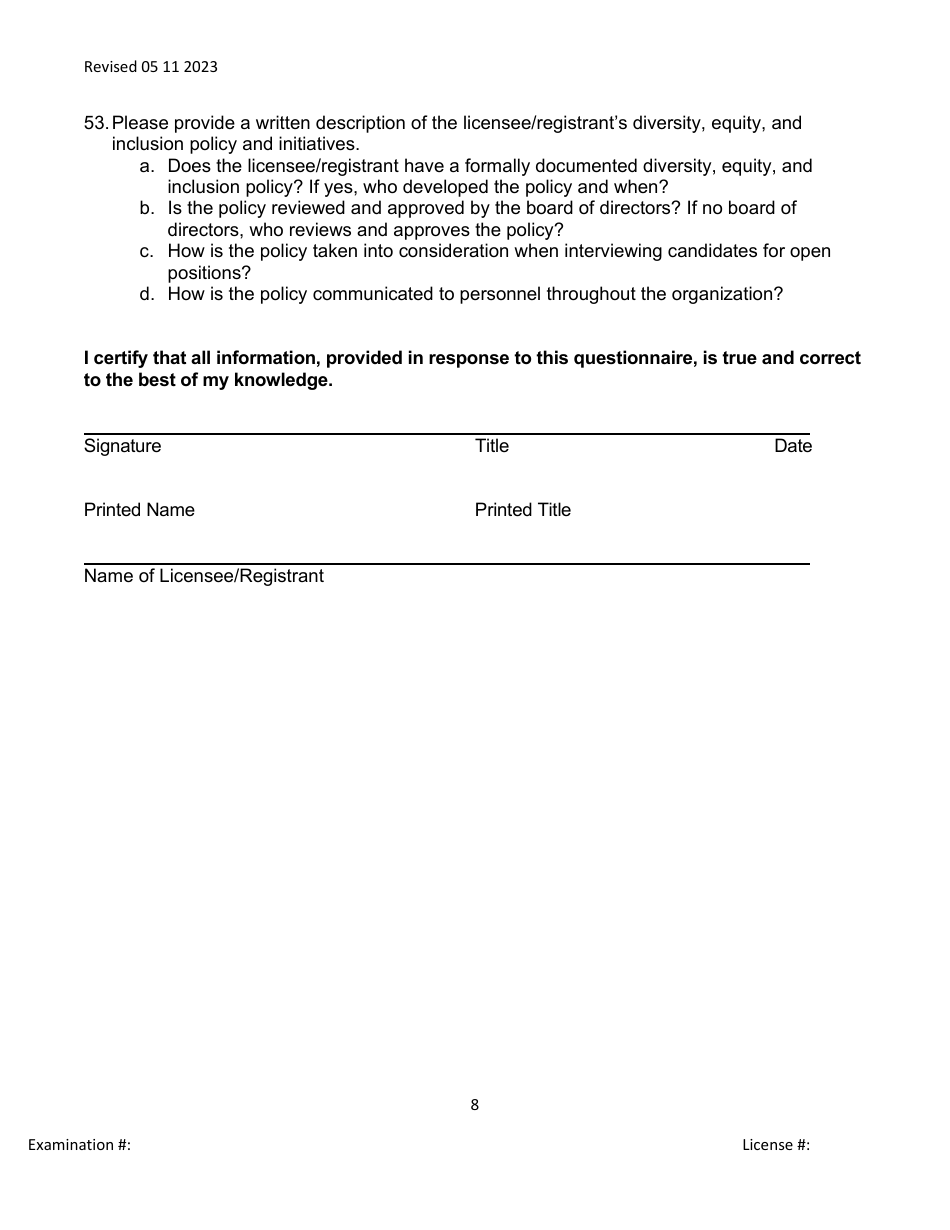 Mortgage Broker / Lender / Servicer Officer / Manager Questionnaire - Michigan, Page 8