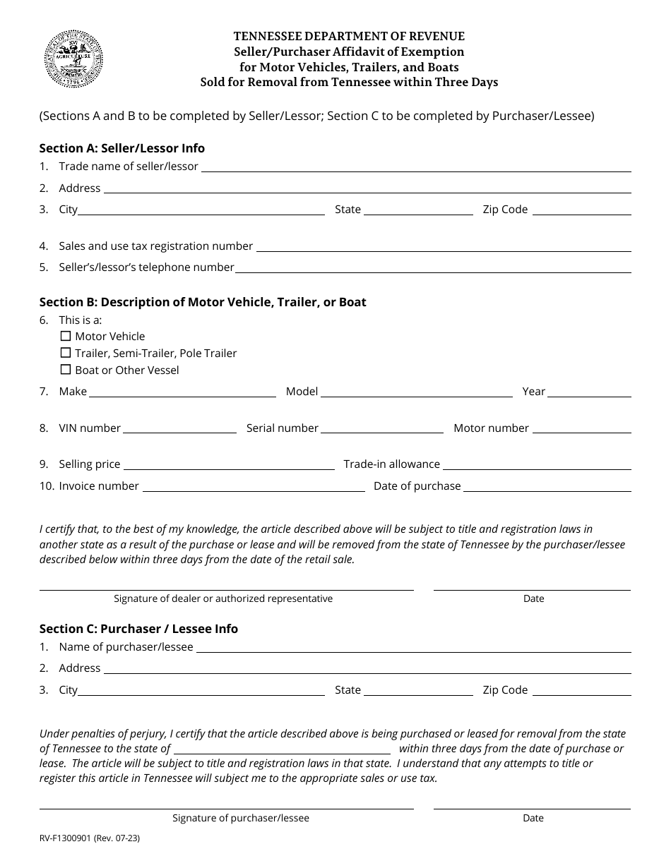 Form RV-F1300901 Seller / Purchaser Affidavit of Exemption for Motor Vehicles, Trailers, and Boats Sold for Removal From Tennessee Within Three Days - Tennessee, Page 1