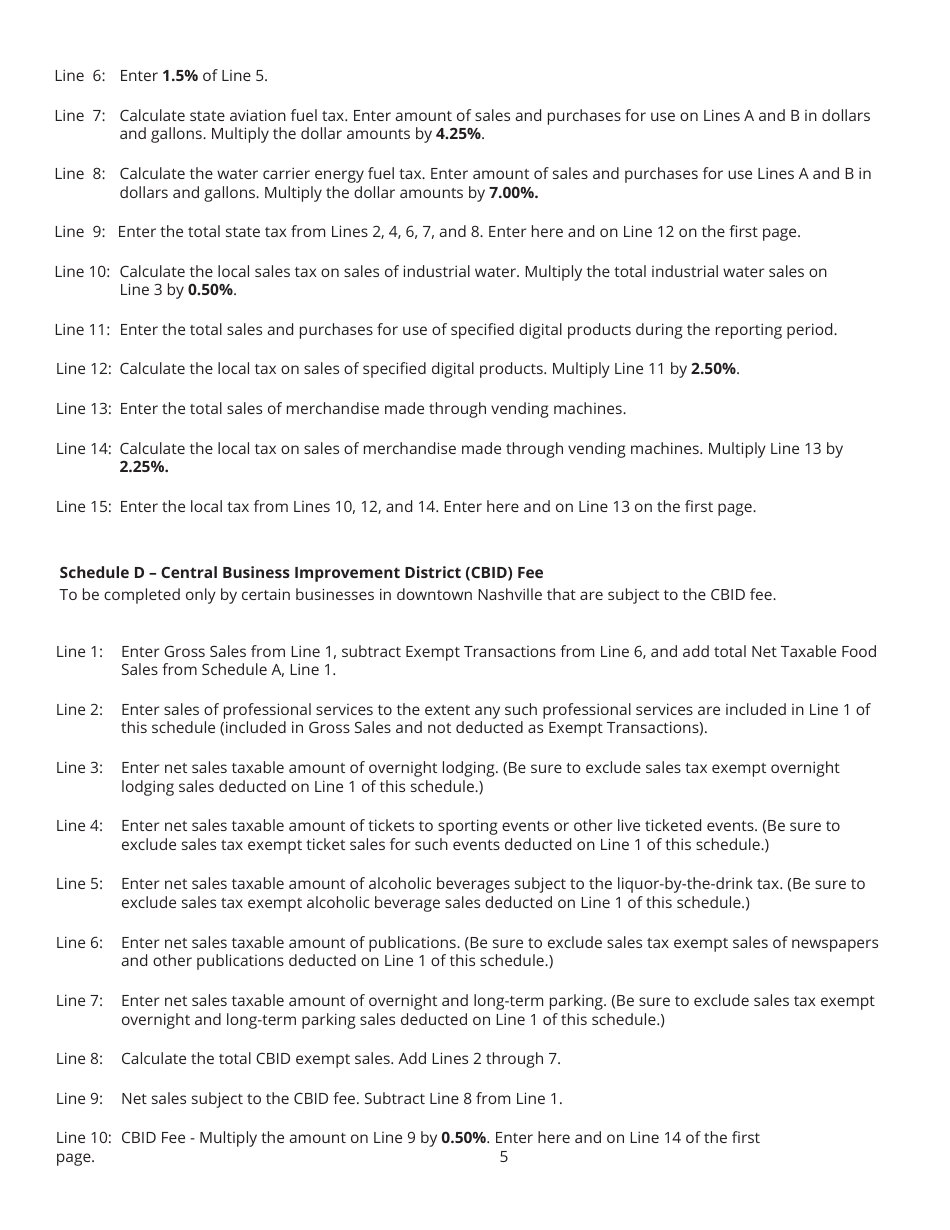Instructions for Form SLS450, RV-R0012001 State and Local Sales and Use Tax Return - Tennessee, Page 5