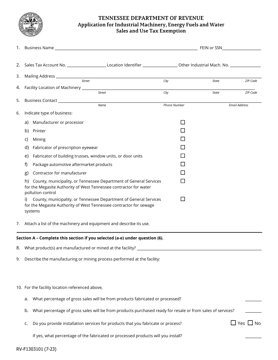 Form RV-F1303101 Application for Industrial Machinery, Energy Fuels and Water Sales and Use Tax Exemption - Tennessee, Page 1