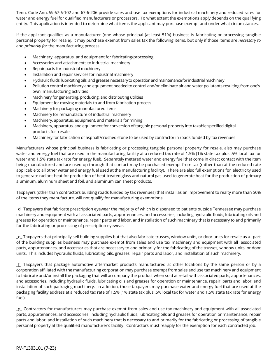 Form RV-F1303101 Application for Industrial Machinery, Energy Fuels and Water Sales and Use Tax Exemption - Tennessee, Page 3