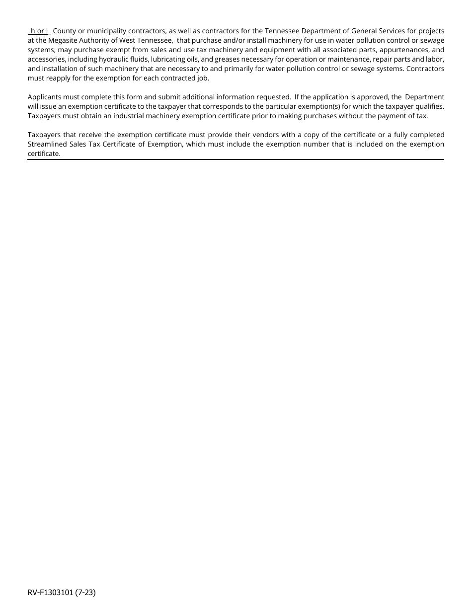 Form RV-F1303101 Application for Industrial Machinery, Energy Fuels and Water Sales and Use Tax Exemption - Tennessee, Page 4