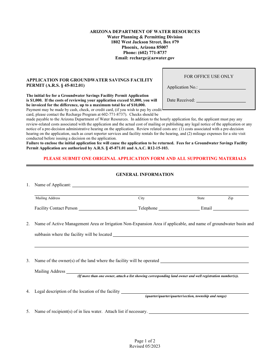 Application for Groundwater Savings Facility Permit - Arizona, Page 1