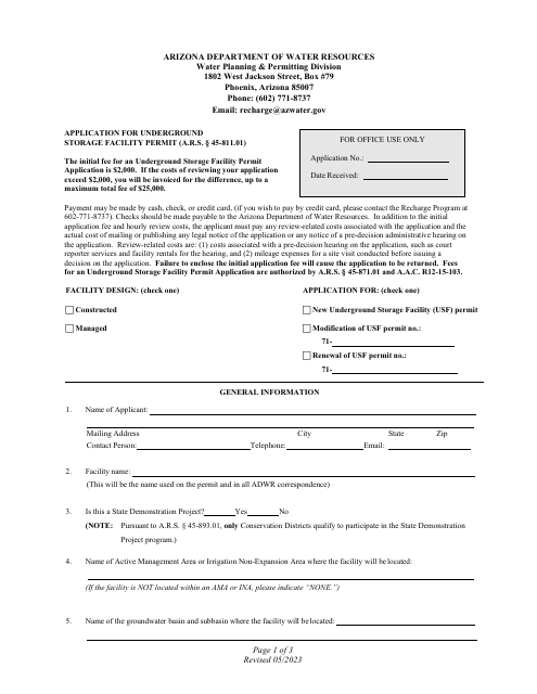 Application for Underground Storage Facility Permit - Arizona Download Pdf