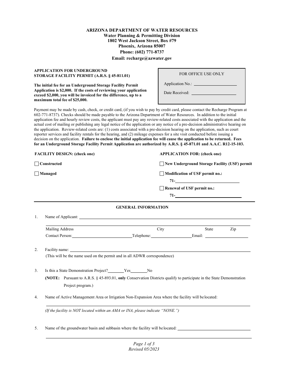 Arizona Application For Underground Storage Facility Permit Download 