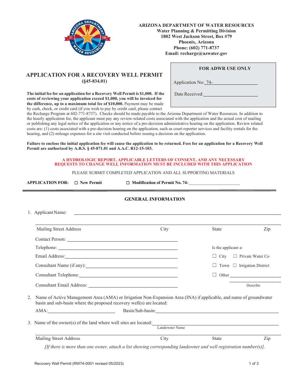 Arizona Application for a Recovery Well Permit Fill Out, Sign Online