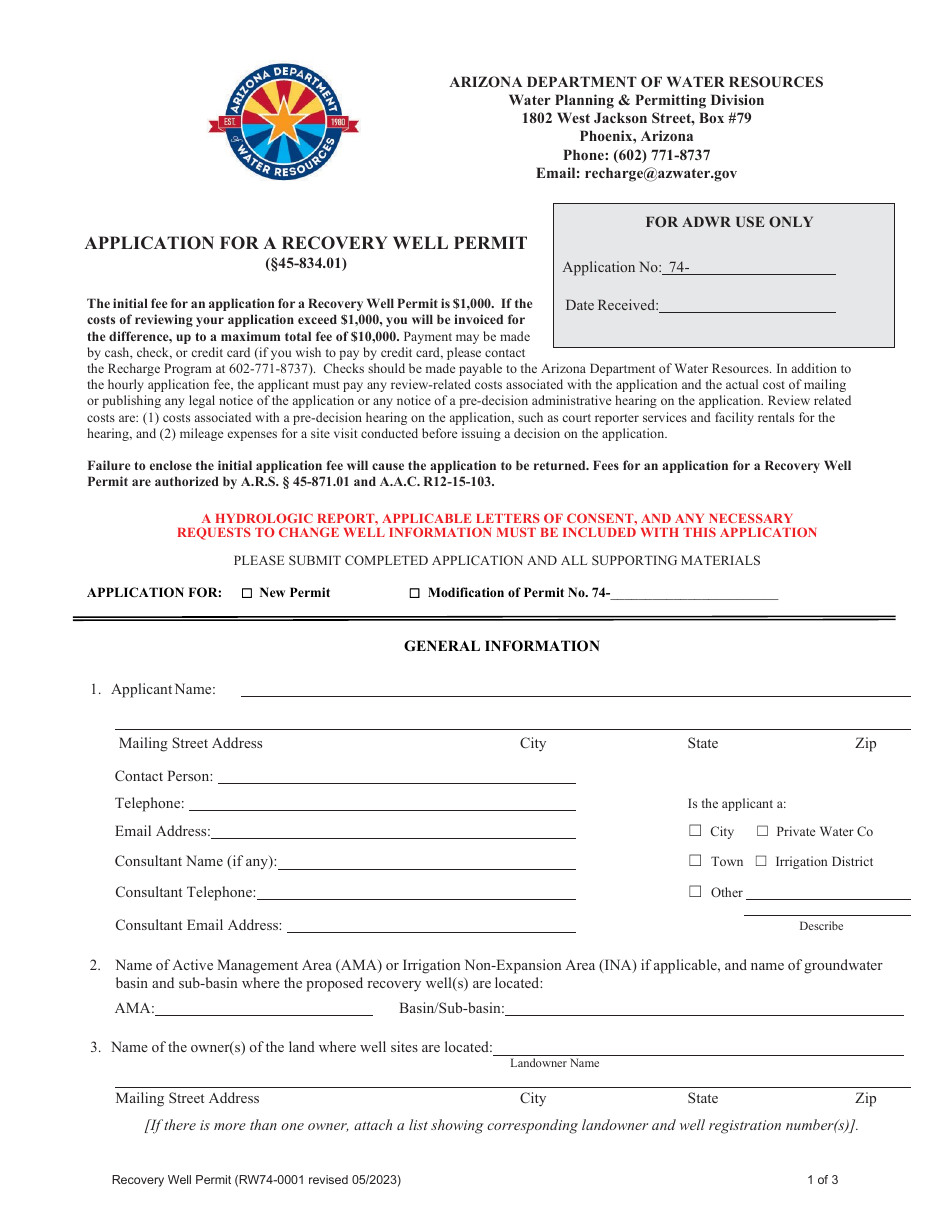 Application for a Recovery Well Permit - Arizona, Page 1
