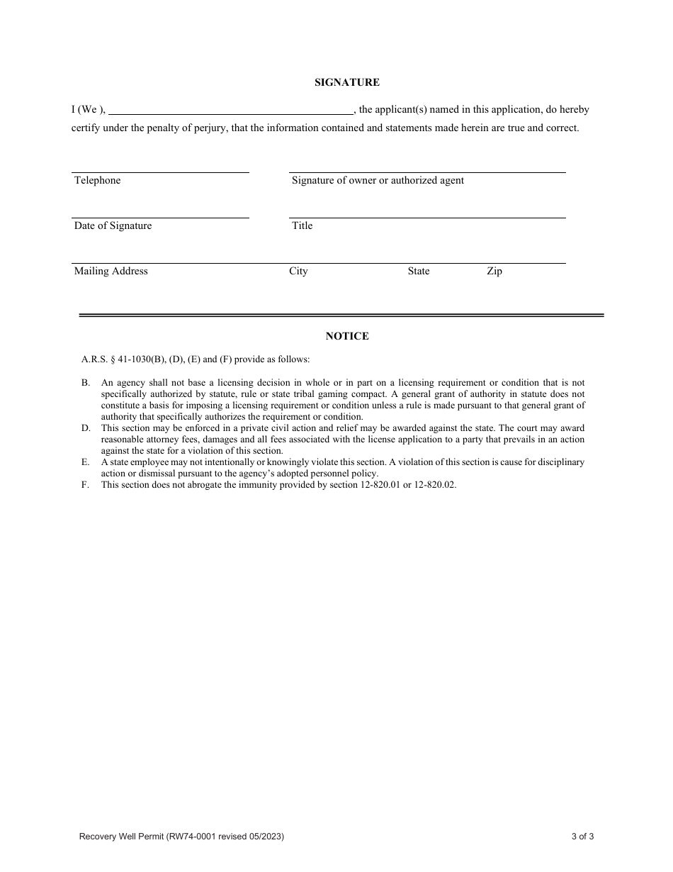 Application for a Recovery Well Permit - Arizona, Page 3
