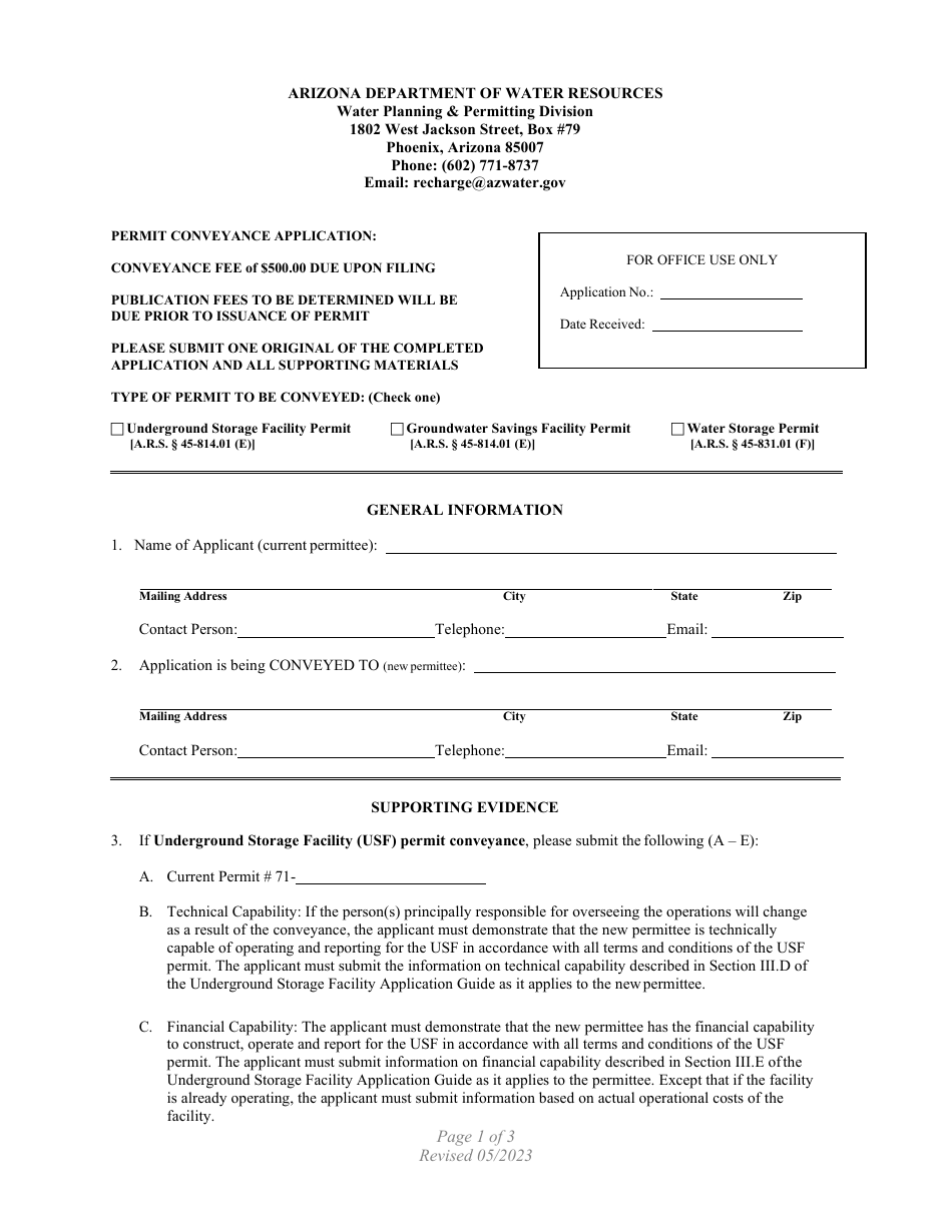 Permit Conveyance Application - Arizona, Page 1