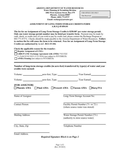 Assignment of Long-Term Storage Credits Form - Arizona Download Pdf