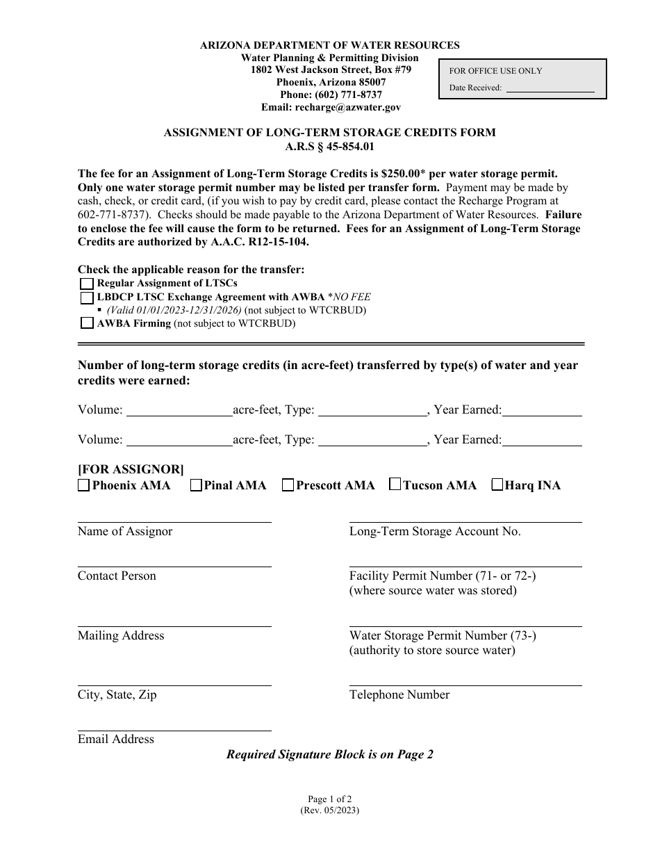 Assignment of Long-Term Storage Credits Form - Arizona, Page 1