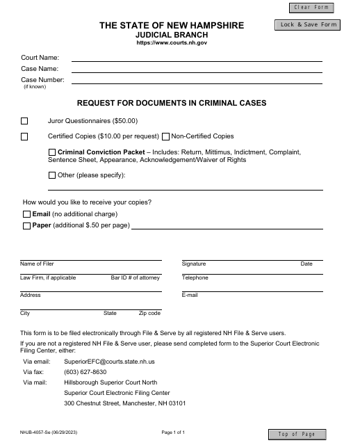 Form NHJB-4057-SE Request for Documents in Criminal Cases - New Hampshire
