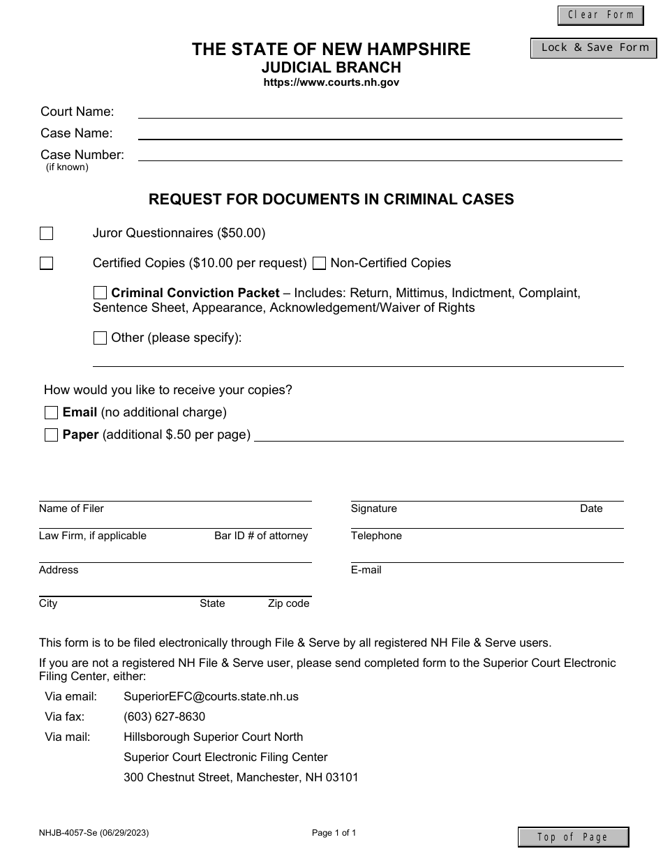 Form NHJB-4057-SE Request for Documents in Criminal Cases - New Hampshire, Page 1