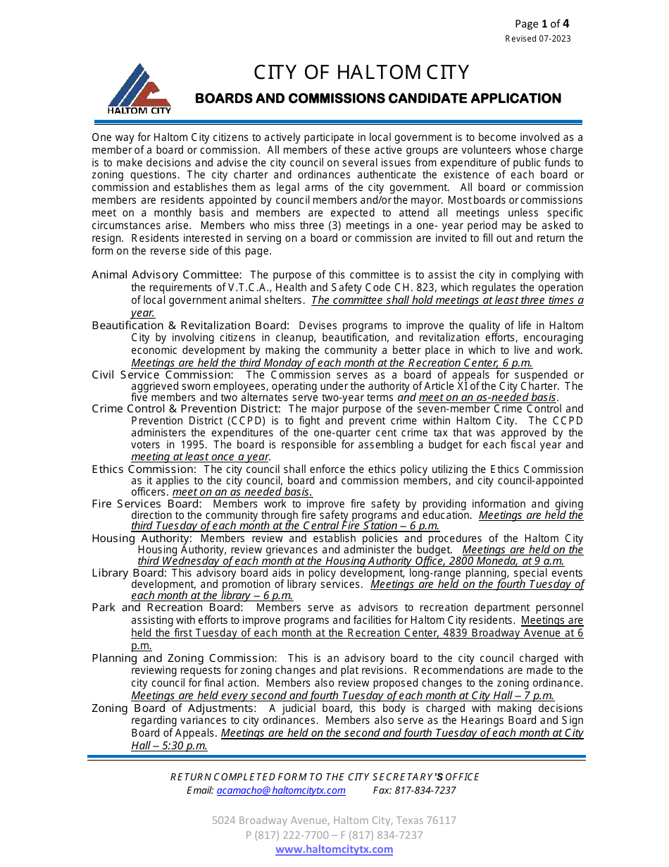 Haltom City, Texas Boards and Commissions Candidate Application Fill