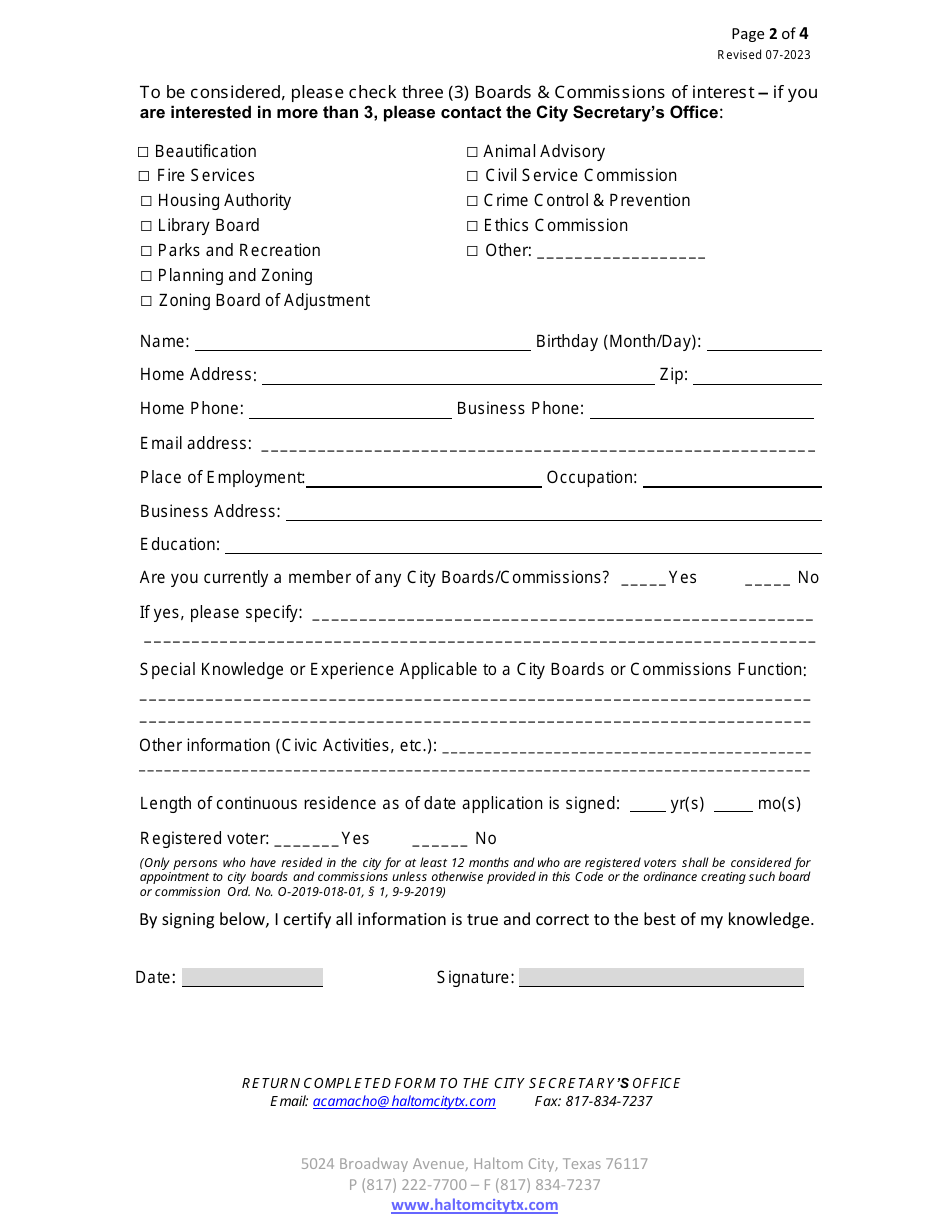 Boards and Commissions Candidate Application - Haltom City, Texas, Page 2