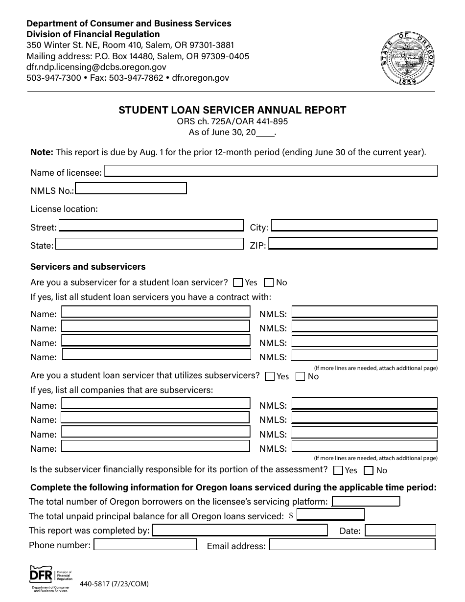Form 440-5817 Student Loan Servicer Annual Report - Oregon, Page 1