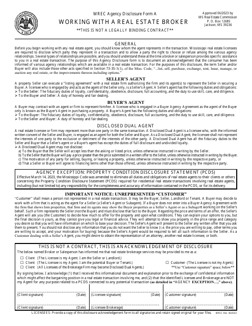 Form A Agency Disclosure Form - Working With a Real Estate Broker - Letter Size - Mississippi