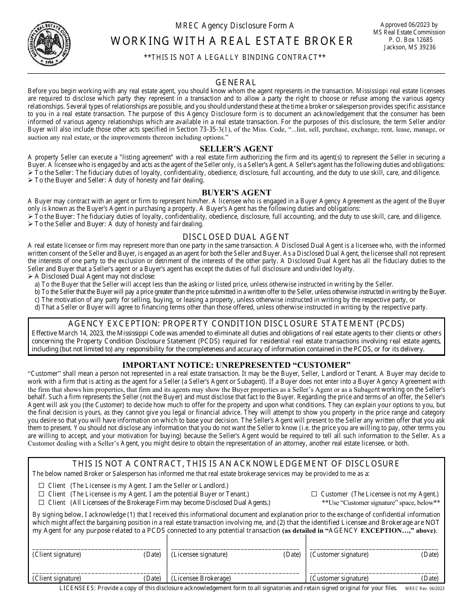 Form A Agency Disclosure Form - Working With a Real Estate Broker - Letter Size - Mississippi, Page 1