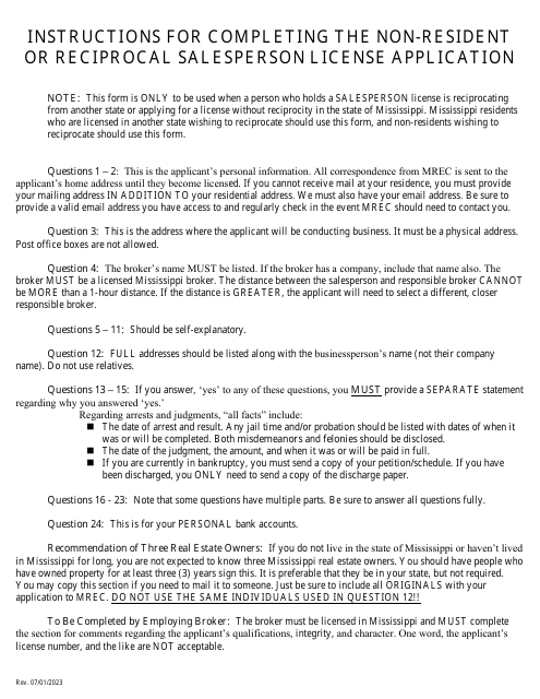 Application for a Non-resident or Reciprocal Salesperson's License - Mississippi Download Pdf