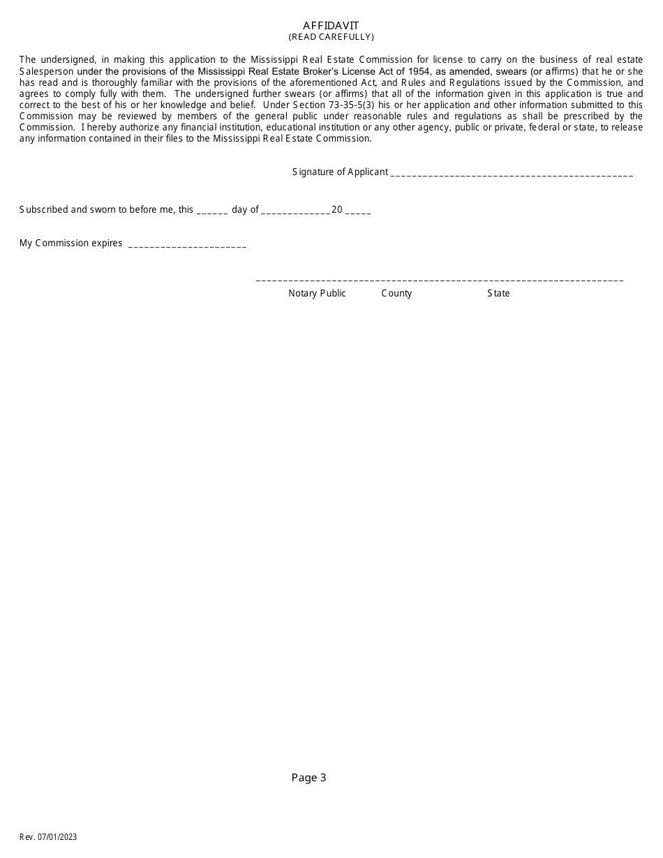 Application for a Non-resident or Reciprocal Salespersons License - Mississippi, Page 5