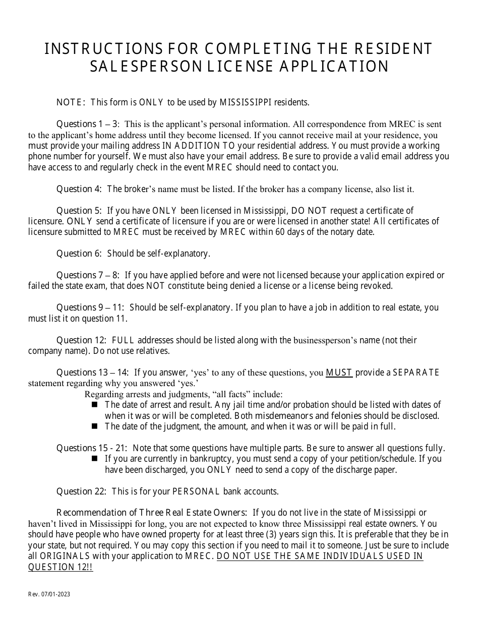 Mississippi Application for Resident Salesperson License Fill Out
