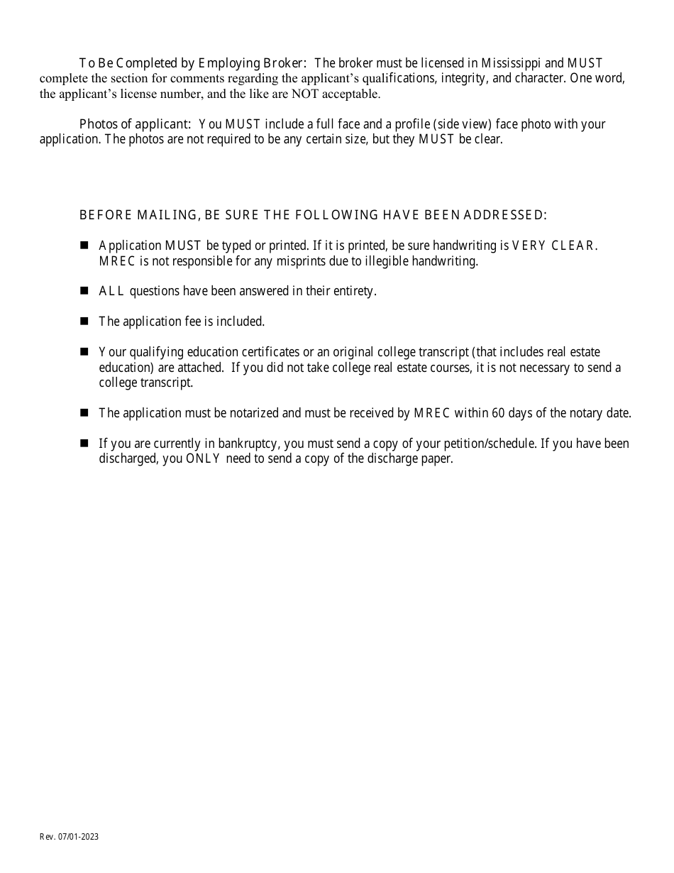 Application for Resident Salesperson License - Mississippi, Page 2