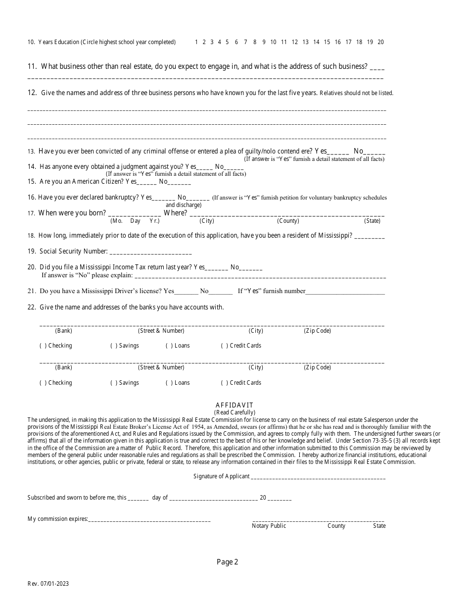 Application for Resident Salesperson License - Mississippi, Page 4
