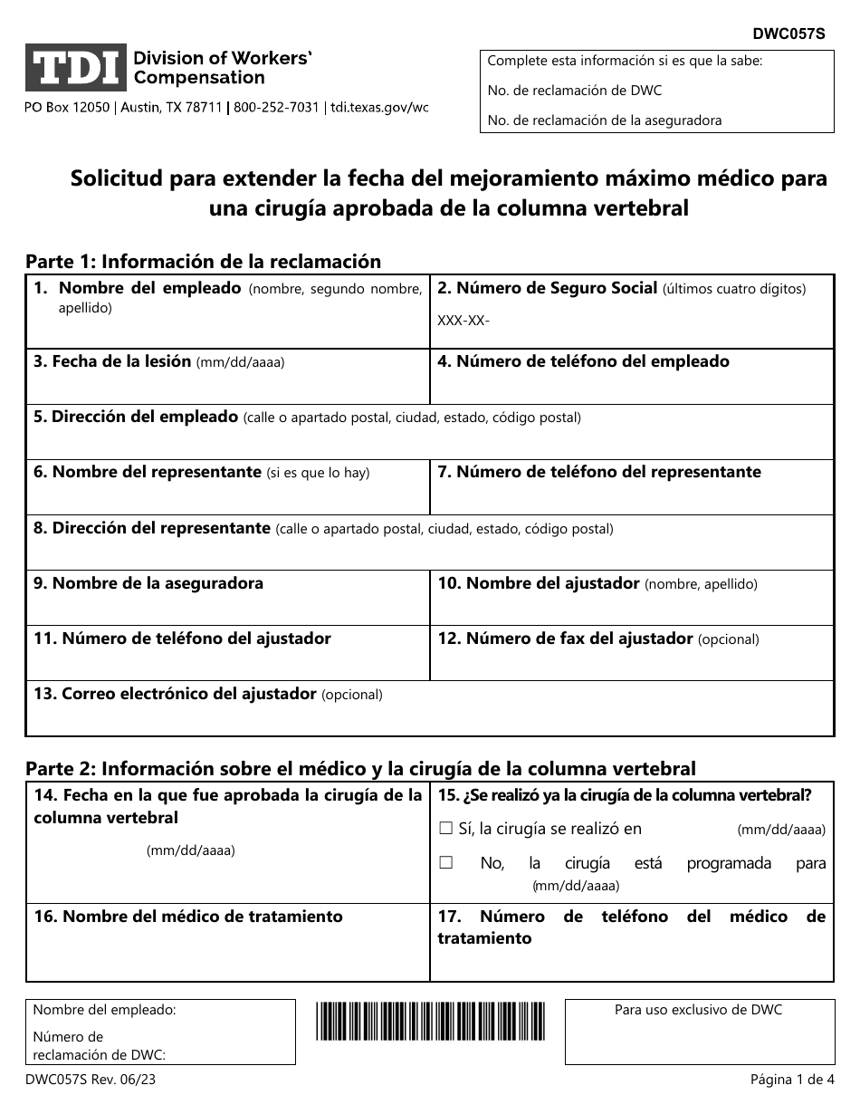 Formulario DWC057S Solicitud Para Extender La Fecha Del Mejoramiento Maximo Medico Para Una Cirugia Aprobada De La Columna Vertebral - Texas (Spanish), Page 1