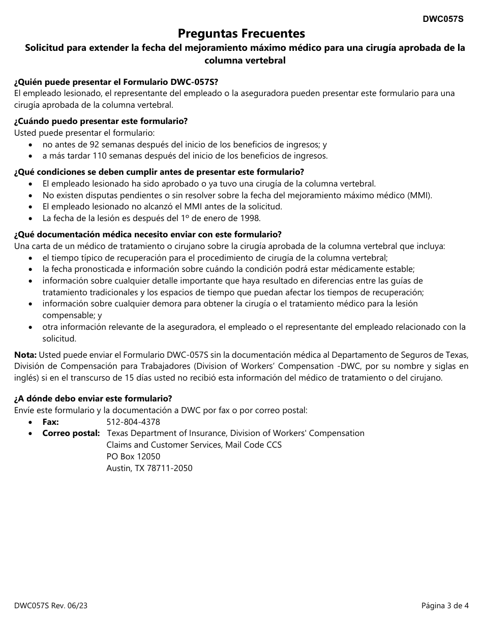 Formulario DWC057S Solicitud Para Extender La Fecha Del Mejoramiento Maximo Medico Para Una Cirugia Aprobada De La Columna Vertebral - Texas (Spanish), Page 3