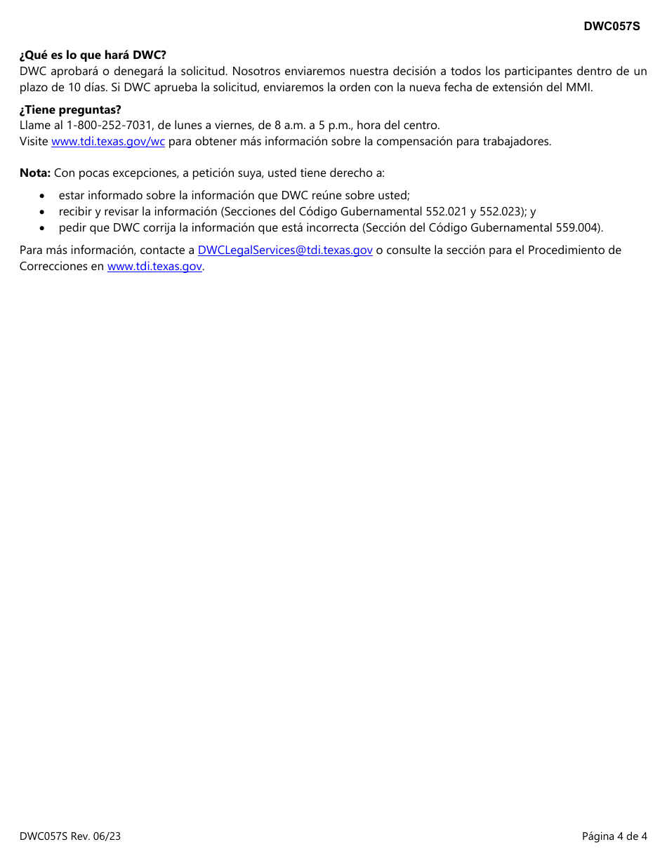 Formulario DWC057S Solicitud Para Extender La Fecha Del Mejoramiento Maximo Medico Para Una Cirugia Aprobada De La Columna Vertebral - Texas (Spanish), Page 4