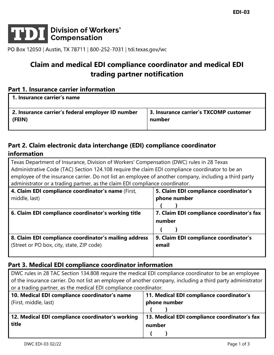 Form DWC EDI-03 Claim and Medical Edi Compliance Coordinator and Medical Edi Trading Partner Notification - Texas, Page 1