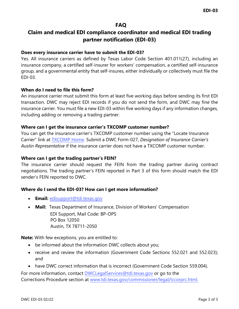 Form DWC EDI-03 Claim and Medical Edi Compliance Coordinator and Medical Edi Trading Partner Notification - Texas, Page 3