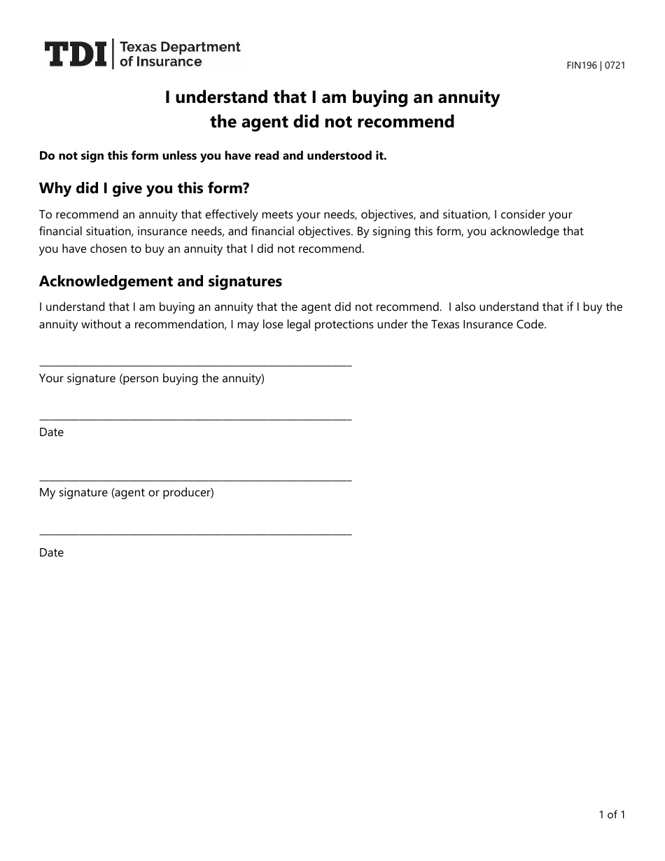 Form FIN196 Consumer Disclosure When Buying an Annuity Not Recommended by an Agent - Texas, Page 1