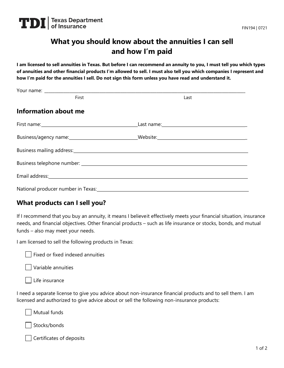 Form FIN194 Annuity Transaction Disclosure Form - Texas, Page 1