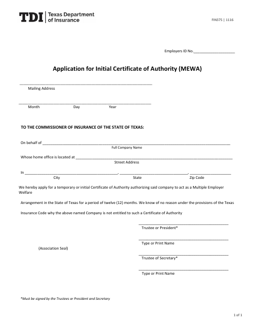 Form FIN375 Application for Initial Certificate of Authority (Mewa) - Texas