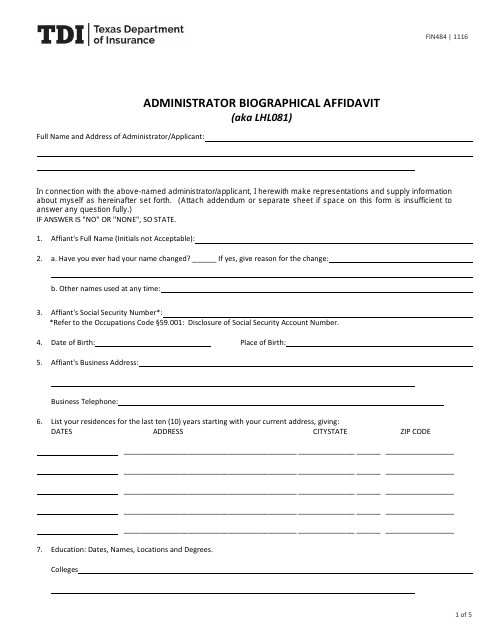 Form FIN484 Administrator Biographical Affidavit - Texas