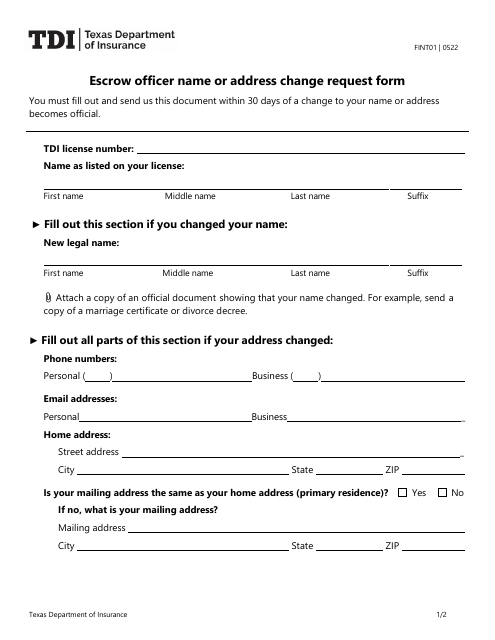 Form FINT01 Escrow Officer Name or Address Change Request Form - Texas