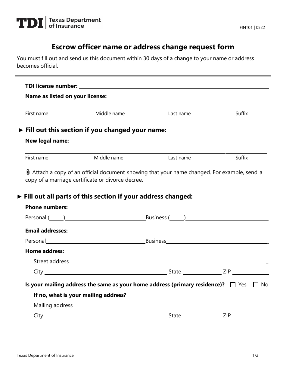 Form FINT01 Escrow Officer Name or Address Change Request Form - Texas, Page 1