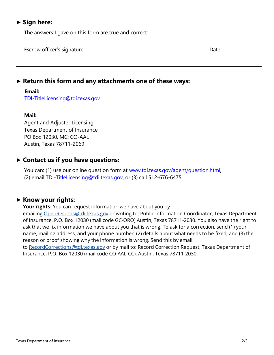 Form FINT01 Escrow Officer Name or Address Change Request Form - Texas, Page 2